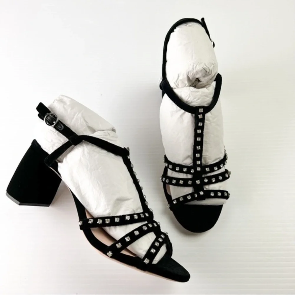 LOEFFLER RANDALL Sandal Womens 7.5  Black Elena Strappy Velvet Block-Heel Shoes